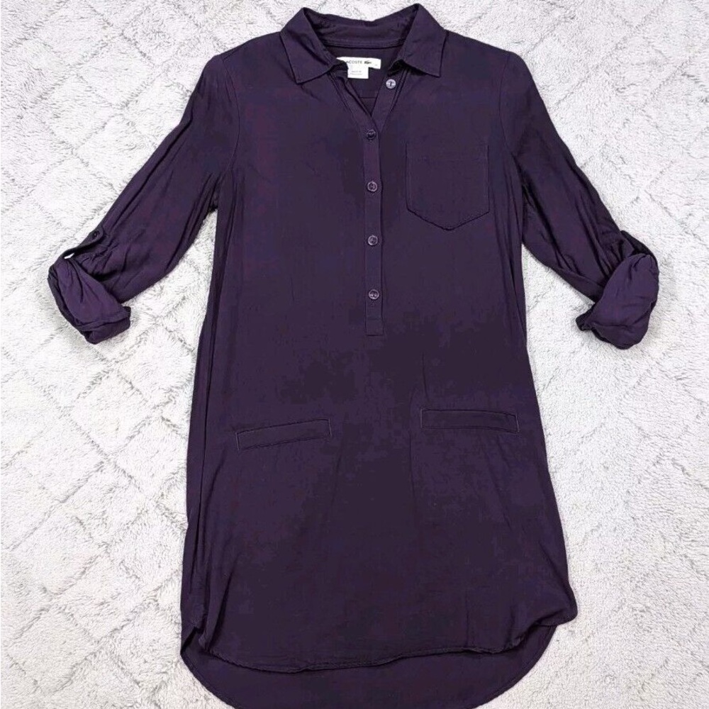 Lacoste Shirt Dress Women's 36 Small Navy ½ Button Rolled Sleeves Collar Mini
